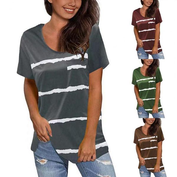 

women's t-shirt women fashion casual striped short sleeve o neck t-shirts pocket loose summer tees t shirt, White
