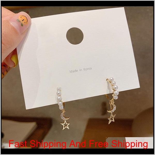 

korean temperament pearl small circle hoop earrings exquisite crystal star moon earrings ins cold wind wedding party girl gift lu049 cnmaz, Golden;silver
