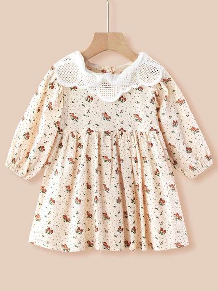 

toddler girls contrast lace collar floral & dot smock dress she, Red;yellow
