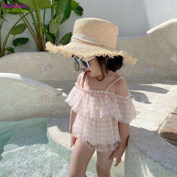 

one-pieces children split swimsuit girl lace plaid little princess baby bikini with hats 3 pieces swimwear sets 2021 sweet swimsuits, Black