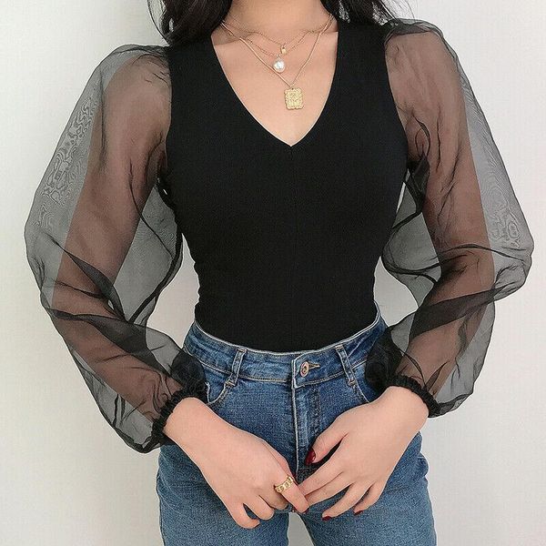 

women's jumpsuits & rompers women playsuits bodysuit long puff mesh sleeve deep v neck stretch solid jumpsuit see through skinny summer, Black;white