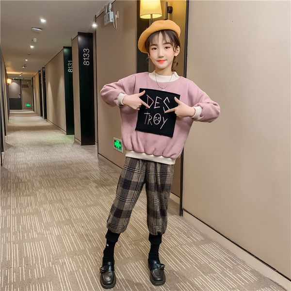 

2021 new girls suit sports teen winter put on clothes thick wool sweatpants 2 parts for children outfits 10-12 y oo0w, White