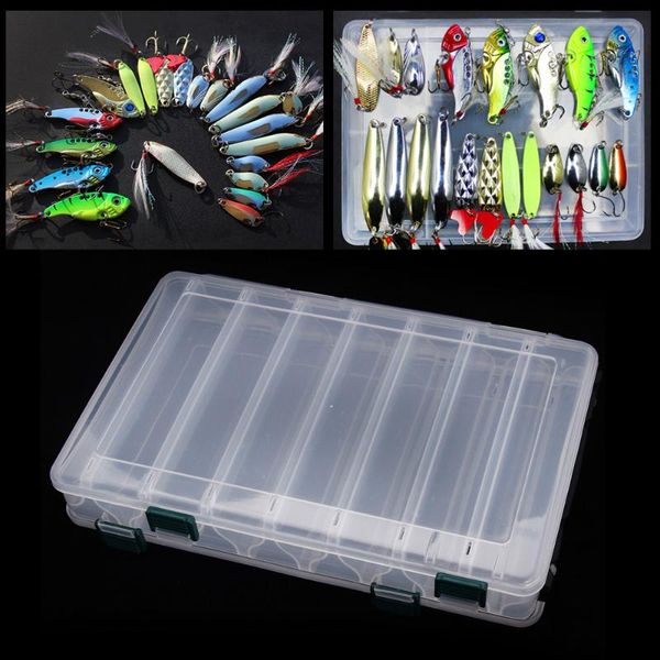 

fishing accessories 27*18*4.7cm double sided transparent visible plastic lure box 14 compartments with drain hole tackle boxes