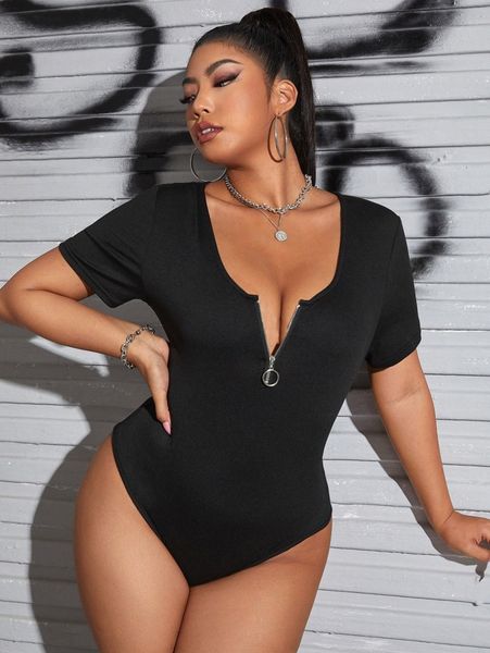 

plus o-ring zip up bodysuit o4aq#, Black