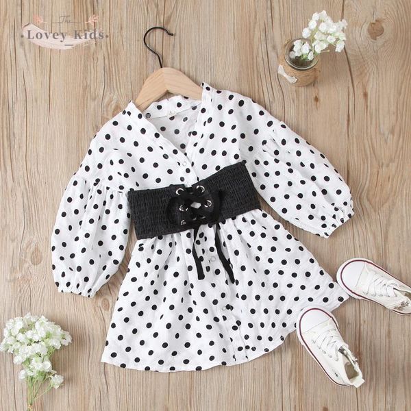 

girl's dresses 2021 spring baby girl dress dot v-neck long sleeve princess petticoat elastic denim lace up belt a-line two piece set 1-, Red;yellow