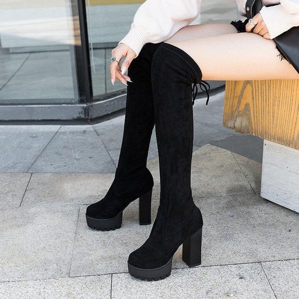 

boots 2021 women fashion black over knee female soft leather back lace up high square heels footwear ladies platform shoes