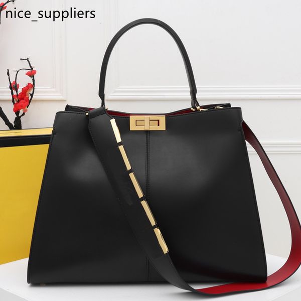

43cm large capacity package shoulder bag f letter tote bag genuine leather handbag purse wide shoulder belt luggage shopping bag quality, Red;black