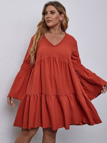 

plus solid flared sleeve dress m8nz#, Black