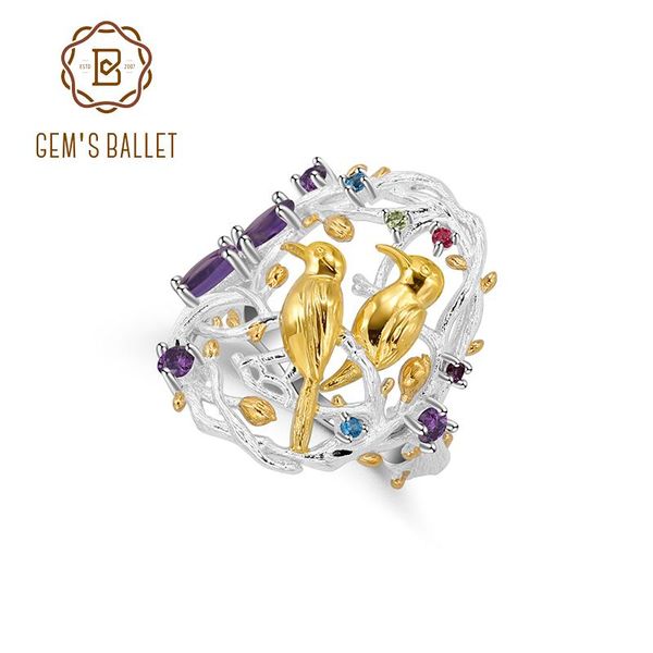 

cluster rings gem's ballet 925 sterling silver handmade branches busy garden fine jewelry natural amethyst gemstones women's cockt, Golden;silver
