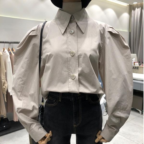 

women's blouses & shirts [ewq] 2021 summer long puff sleeve womens and korea style turn-down collar casual simple ladies shirt qv39900, White