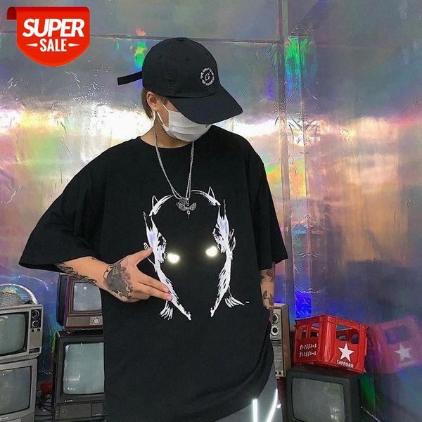 

streetwear 2020 hip-hop reflective tshirt couples short sleeves men's summer retro loose short-sleeved cotton t-shirt men lovers #ox2r, White;black