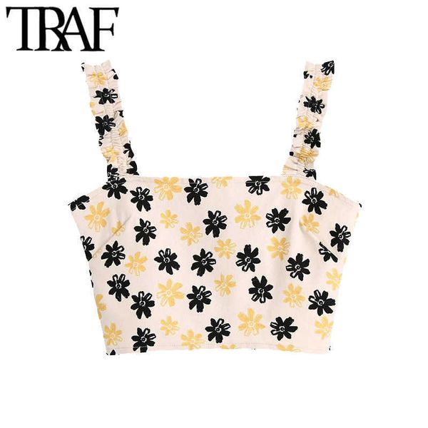 

traf women fashion floral print cropped tank vintage back elastic wide straps female camis mujer 210625, White