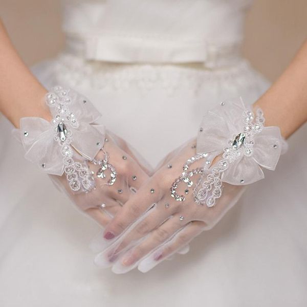 

bridal gloves transparent lace bowknot short finger wedding party, White