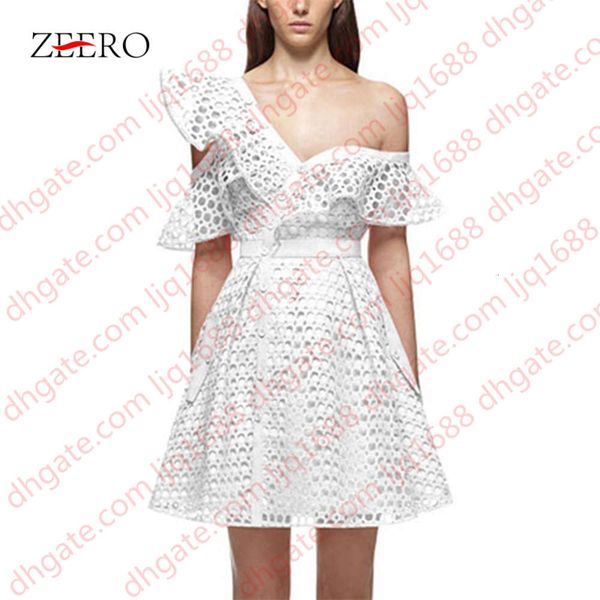 

2019 self portrait luxury runway dress new arrival asymmettical neck one-shoulder lace hollow out patchwork runway balck dress, Black;gray