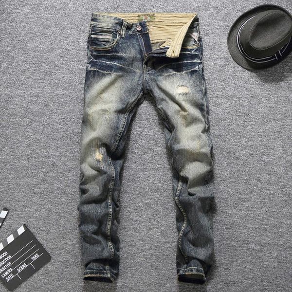 

men's jeans italian style fashion men retro wash slim fit ripped for vintage designer cotton denim pants hombre, Blue