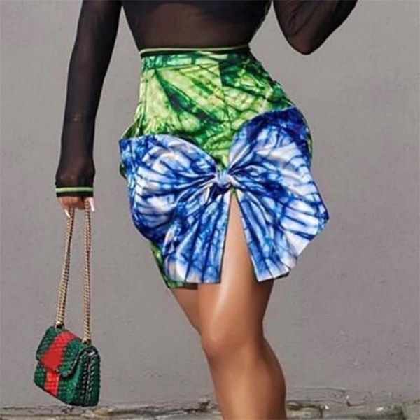 Летняя юбка Женщины Африканский Мода смычок высокой талии Печать мини длины уличные причинные юбки продажи 210708