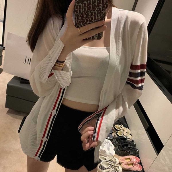 

thin tb knit cardigan female 2021 summer new sunscreen jacket ice silk micro-sunscreen clothes air conditioning shirt outside, White