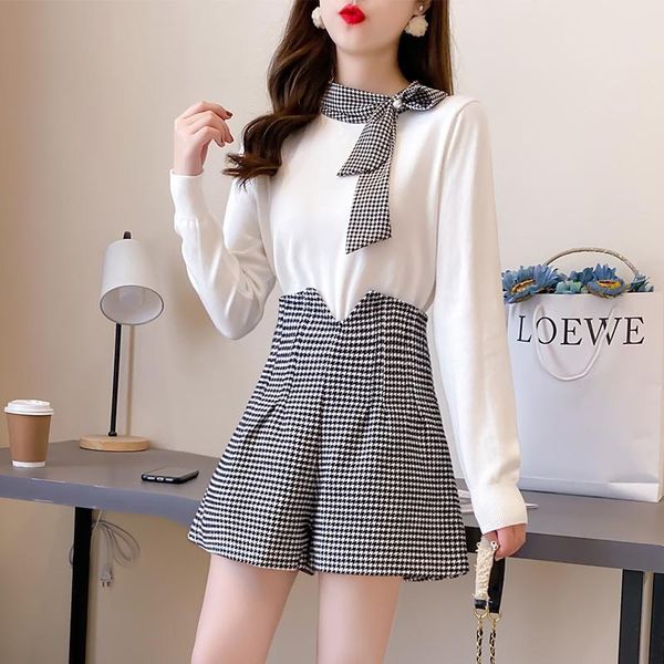 

women's two piece pants light ripe royal elder sister fei han edition grid wind splicing favors sweater plover suit, White