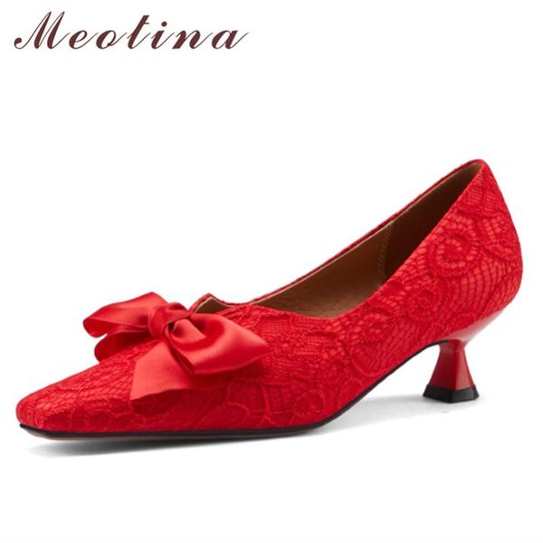 

meotina med heels women wedding shoes fashion stiletto heel pumps bow square toe female footwear spring wine red large size 43, Black