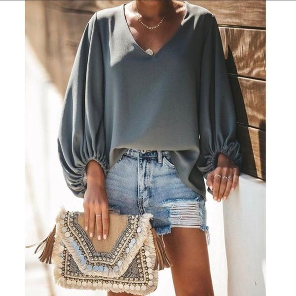 

v neck loose blouse women fashion lantern sleeve solid shirts casual streetwear blusas shirts plus size s-5xl wdc3074, White
