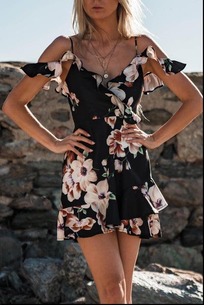 

summer dress boho womens ladies floral printed off shoulder spaghetti strap short dresses sundress beach party mini dress women, Black;gray