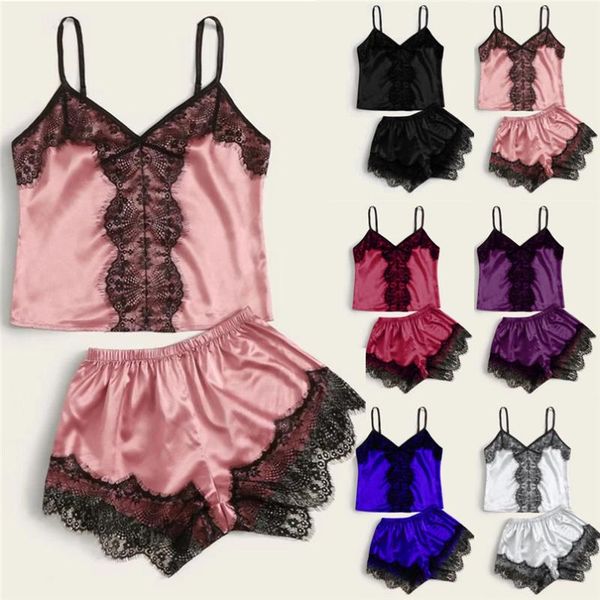 

bras sets women lingerie sleepwear sleeveless strap nightwear lace trim satin cami pajama erotic underwear #4n22, Red;black