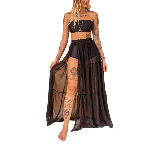 

women's swimwear 2021 women female dress solid color high waist long skirt see-through beach for summer black/white plus size s-xxl, White;black