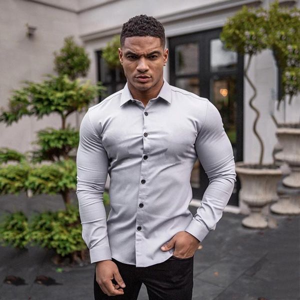 

men's dress shirts autumn fashion long sleeve shirt men solid fitness mens turn-down collar button super slim fit business gym, White;black