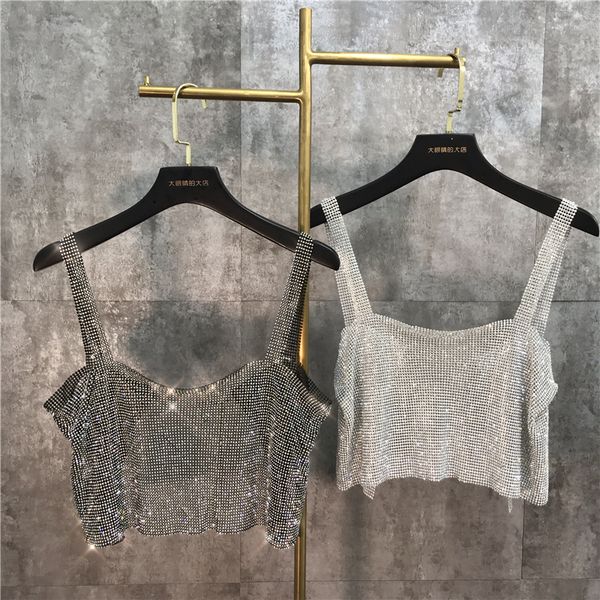 

2021 summer silver with no sleeves diamond sequins orvalho navel short female t-shirt esou, White