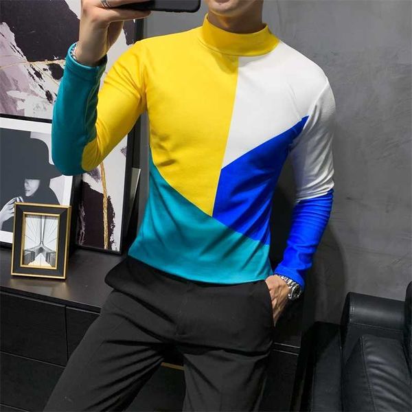 

autumn patchwork half turtleneck men t-shirt long sleeve slim fit streetwear casual tees men clothing hip-hop camisas 210527, White;black