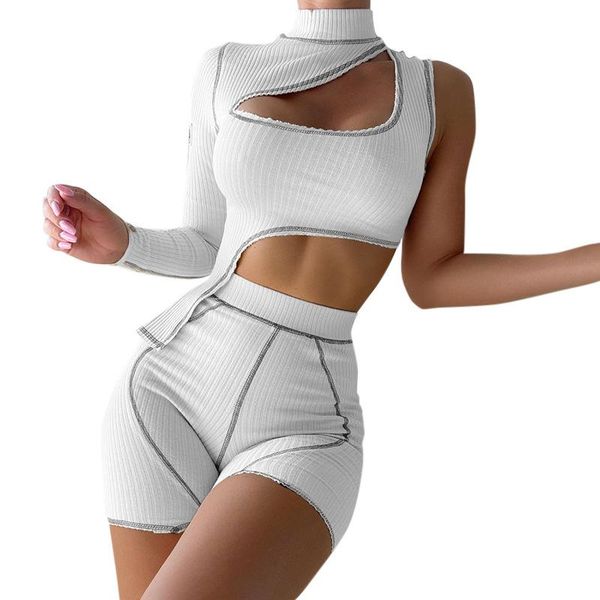 

women's tracksuits two piece pant sets autumn irregular one-shoulder long sleeve waistless t-shirt slim-fit shorts reverse wear womens, Gray