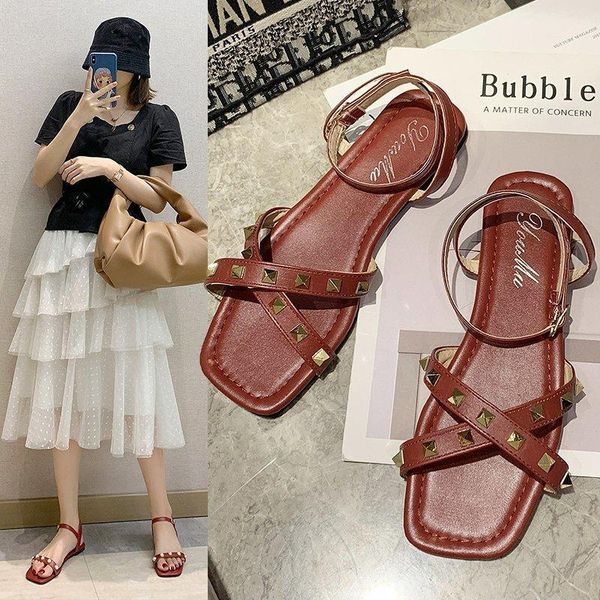 

sandals rivets cross narrow band women beads summer beach shoes net celebrity pearl flat femmes sandalias, Black