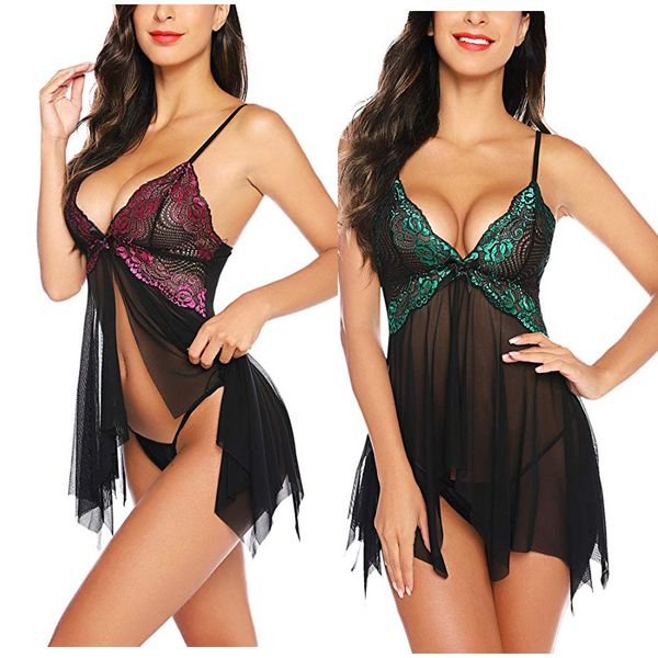 

women sexyy lingerie underwear erotic dress see-through lace pajamas sleepwear nightdress + thong sexyy costumes dress, Red;black