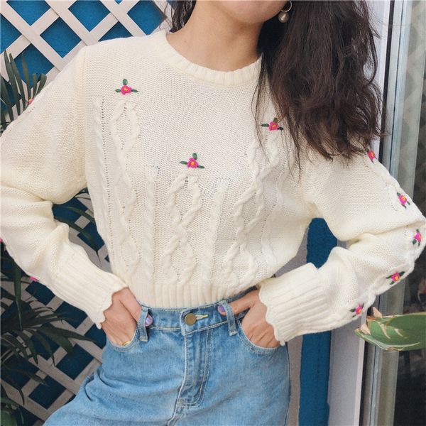 

2021 new camisola l feminina vermelha e branca bordado flores incio do outono pullovers de malha tdf1, White;black