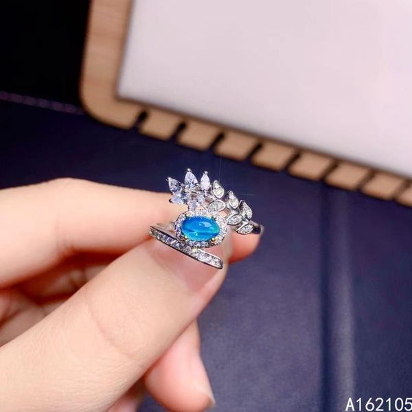

cluster rings 925 pure silver chinese style natural blue opal women's luxury plant adjustable gem ring fine jewelry support detection, Golden;silver