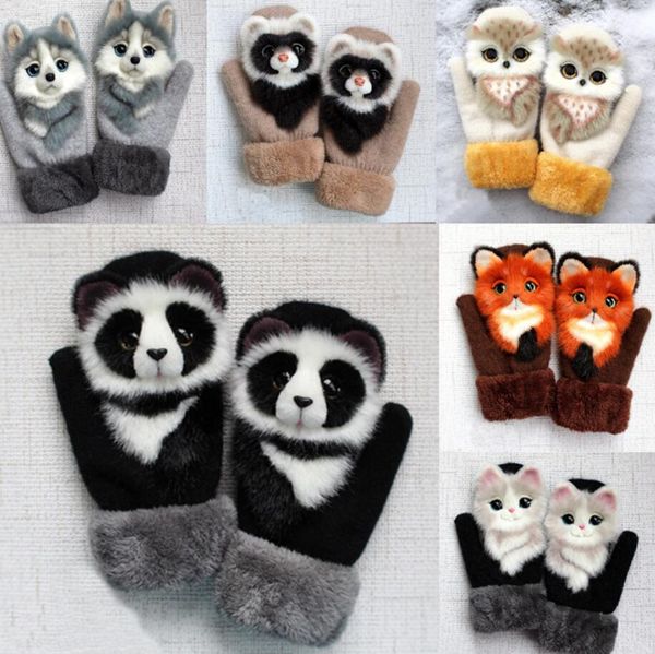 Мода зимние теплые перчатки женские животные картины теплые плюшевые вязаные перчатки милые 3D мультфильм перчатки для рождественских подарков 15 стилей