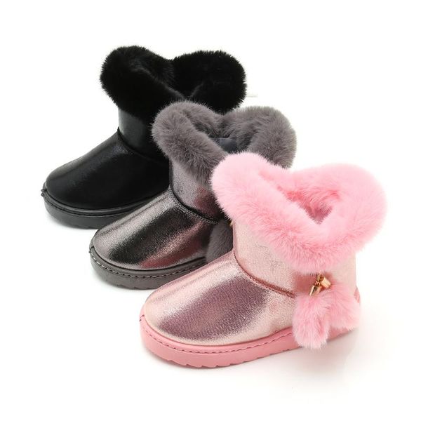

boots children girl snow waterproof kids cotton boot thicken rubber anti-slip sole solid color cute fur ball ssj041, Black;grey