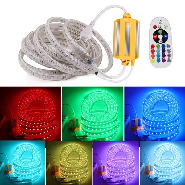 

waterproof led strip light rgb 24key kit remote control 220v 230v 240v ac 60leds/m flexible led ribbon home decoration