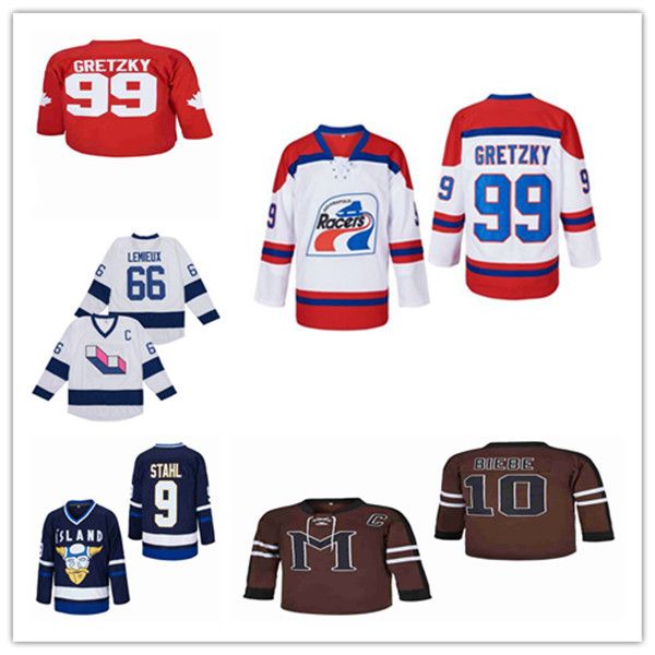 

man retro movie hockey jerseys racers 99 wayne gretzky juice wrld 999 black john biebe 10 mystery alaska mario lemieux 66 jersey, Black;red