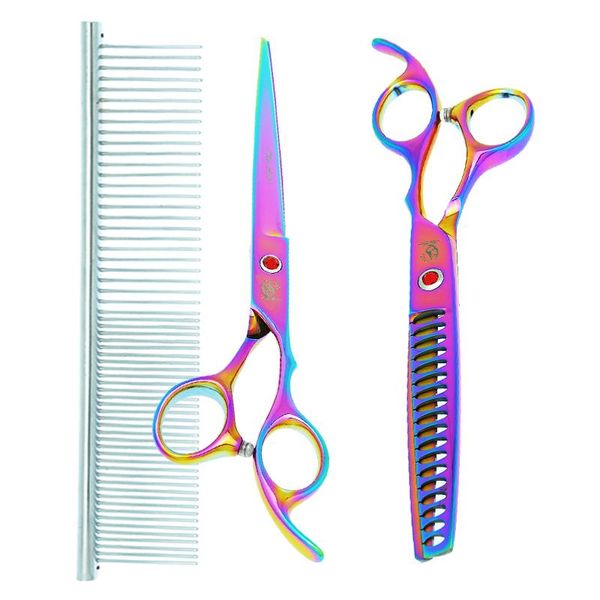 

hair scissors 7.0" professional pet grooming dog straight&curved cutting shears fish bone thinning clippers animal beauty tool b0018a