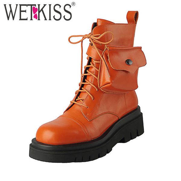 

wetkiss bag ankle boots fashion street chunky heel lace booties platform leather motorcycle shoes autumn winter 210630, Black