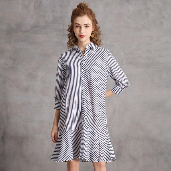 

casual dresses spring 2021 loose striped shirt skirt retro flounce midsleeved lapel oversize dress, Black;gray