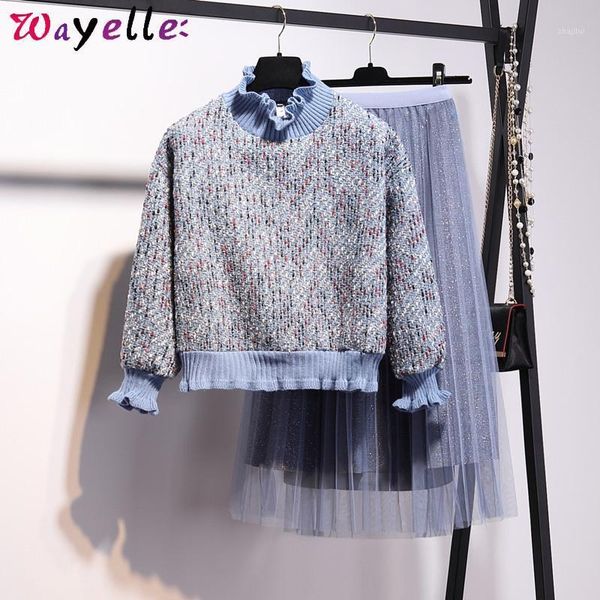 

two piece dress women mesh skirt sweater 2 set autumn knit tweed weave pullover long sleeve +shiny pleated, White