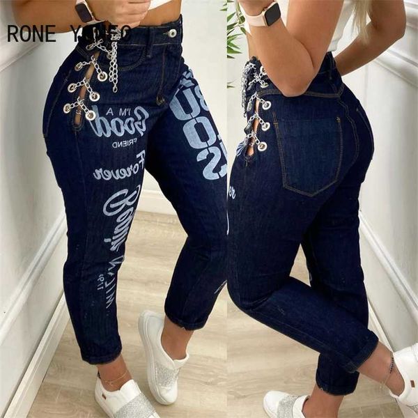 Le donne solidi lettera casual modello decorazione metallo magro jeans denim ritagliato 211104