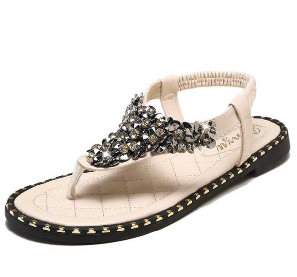 

sandals summer sequins women's flip flops elastic slides shoes big size 43 womens leather flipflops rhinestone for girls, Black