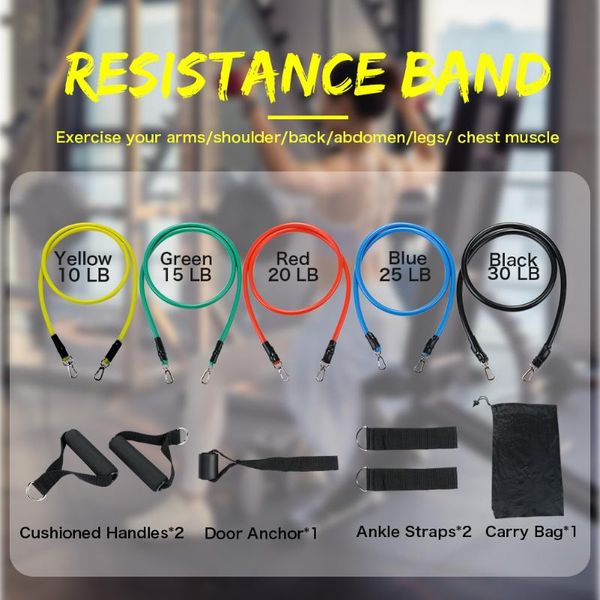 

resistance bands set (11pcs) for training, yoga- gift with door anchor, handles, ankle straps and carry bag