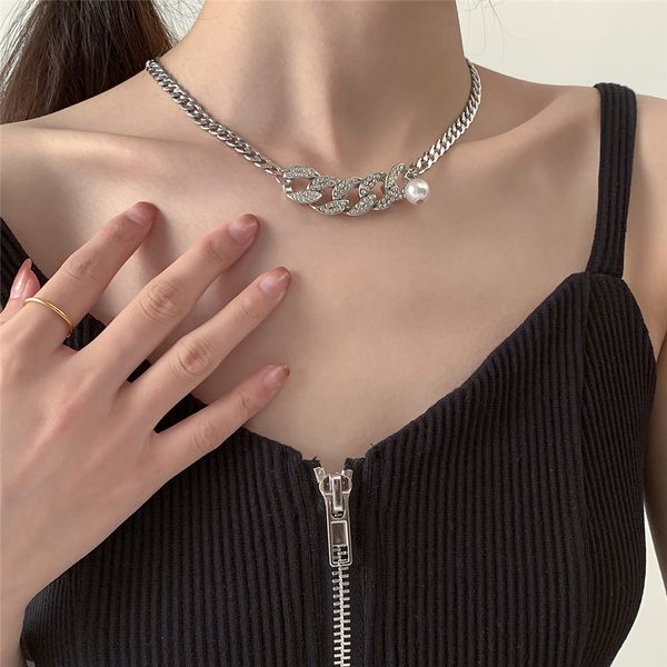 Goth Edelstahl Kubanische Kette Halskette für Männer Frauen Glänzende Strass Kristall Perle Halsband Colar Grunge Schmuck Geschenk