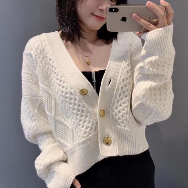 

2021 new winter women knit cardigan autumn single-breasted v-neck twist loose long-sleeved sweater gbt4, White;black