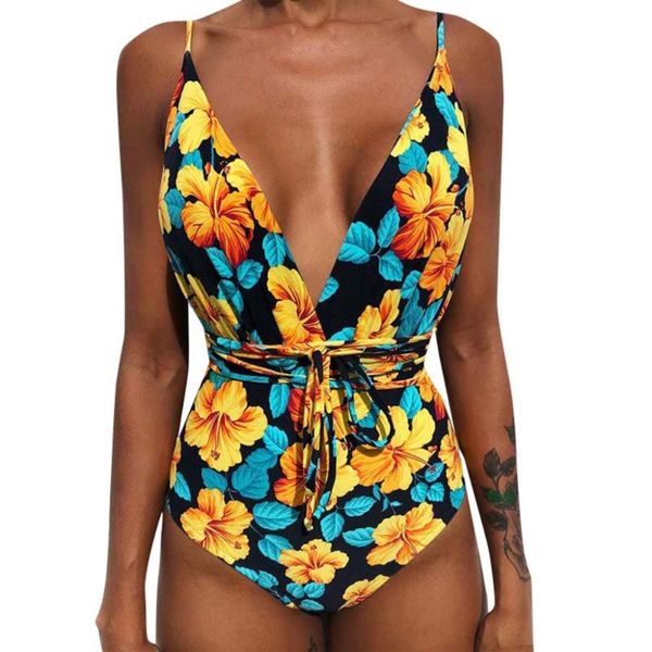 

one-piece suits summer women's v-neck bikini padded push-up bra bandage swimsuit beachwear swimwear print bathing suit for ladies