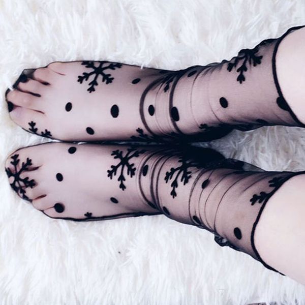 

women ew novelty star dot snowflake transparent mesh ladies ultra-dunne gaas sock women's black socks, Black;white